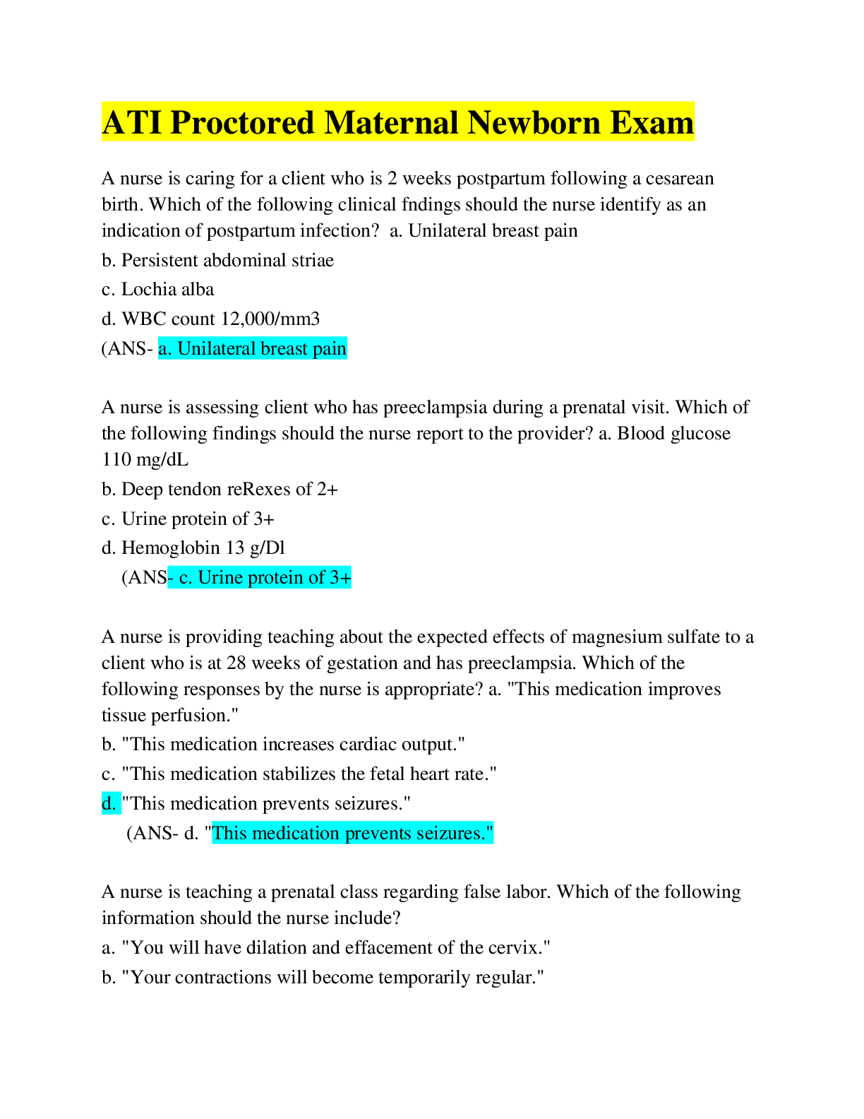 Preview of ATI Proctored Maternal Newborn Exam  /Latest 2022:2023/ Graded A+